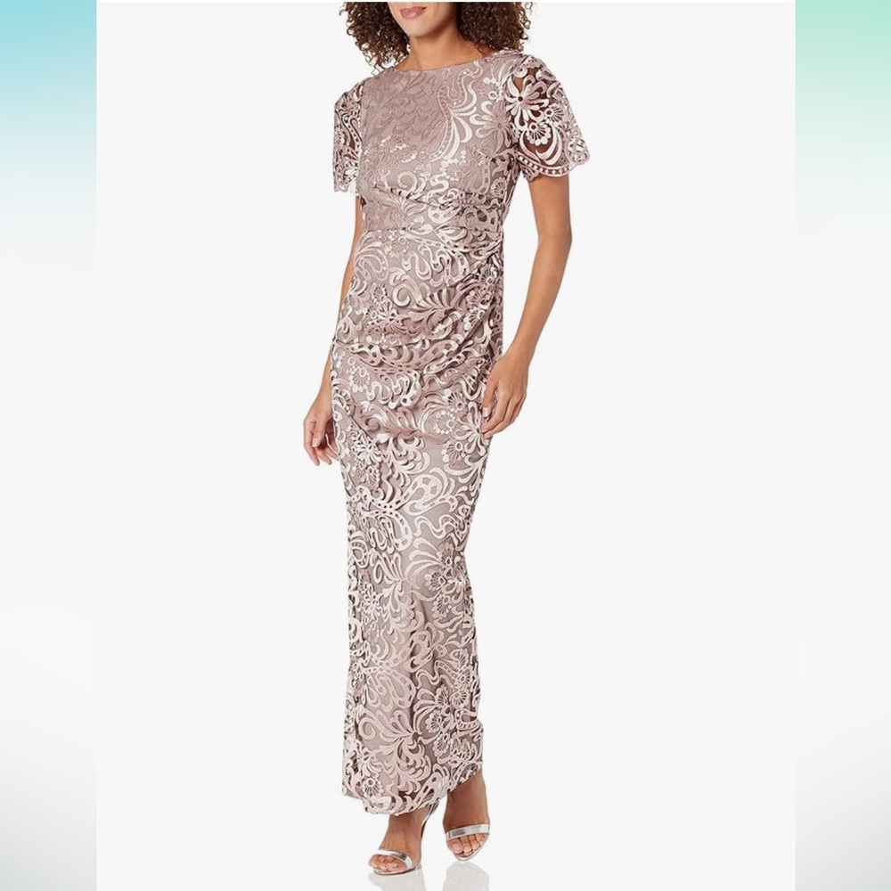 NWT JS Collections Embroidered Mesh Flutter Gown